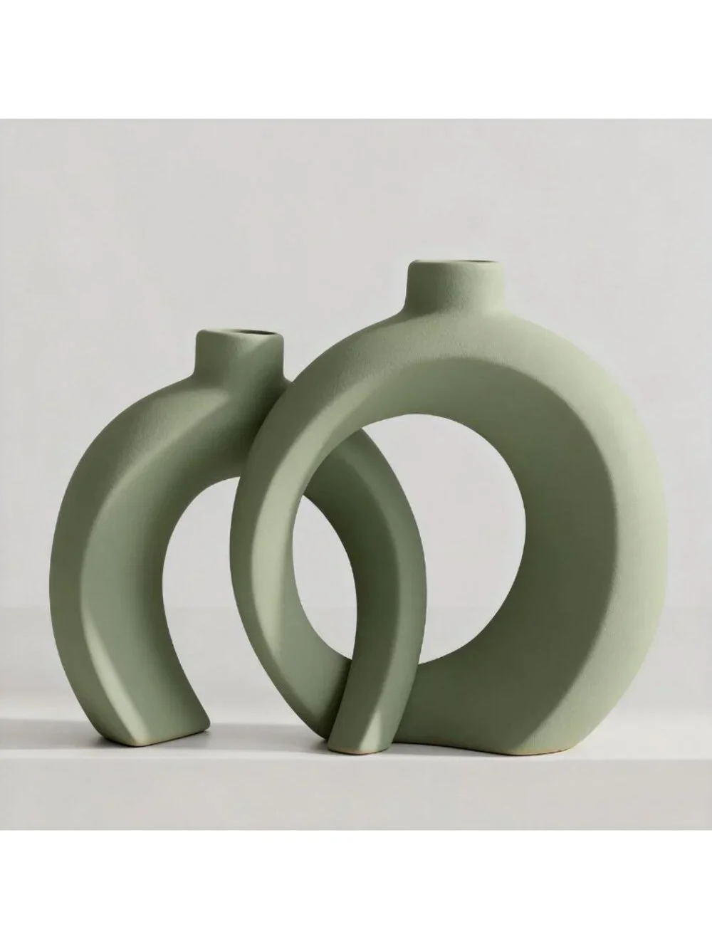 Set of 2 Sage Green Ceramic Vases - Unique Hollow Donut Design, Boho Farmhouse